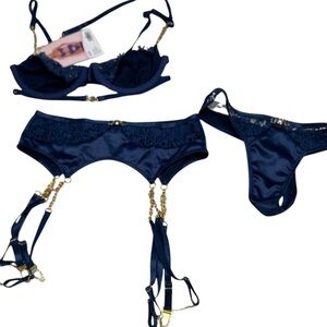 Roma Confidential 3 Piece Lingerie Set Navy Blue Gold Lace Satin Size XS NWT